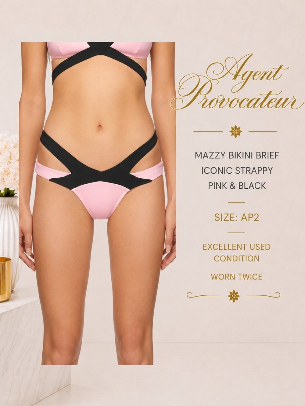 Agent Provocateur Mazzy Iconic Strappy Bikini Bottom Pink & Black | Size S AP2